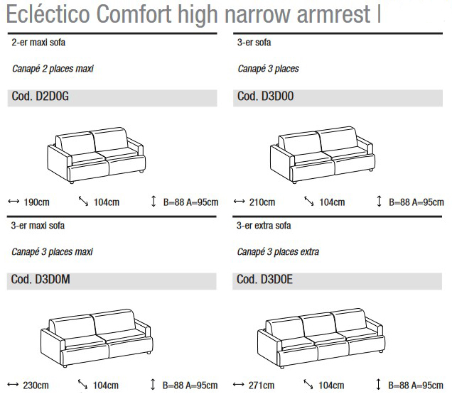 Abmessungen des Sofas Eclectico Comfort Ditre Italia für 2 und 3 Lineare Plätze